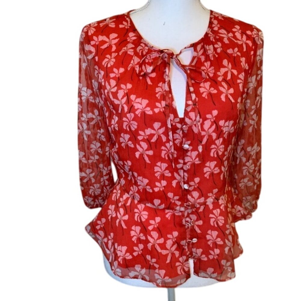 Vintage-Inspired Red Floral Sheer Blouse With Button-Up Front Tie Neckline & Puf
